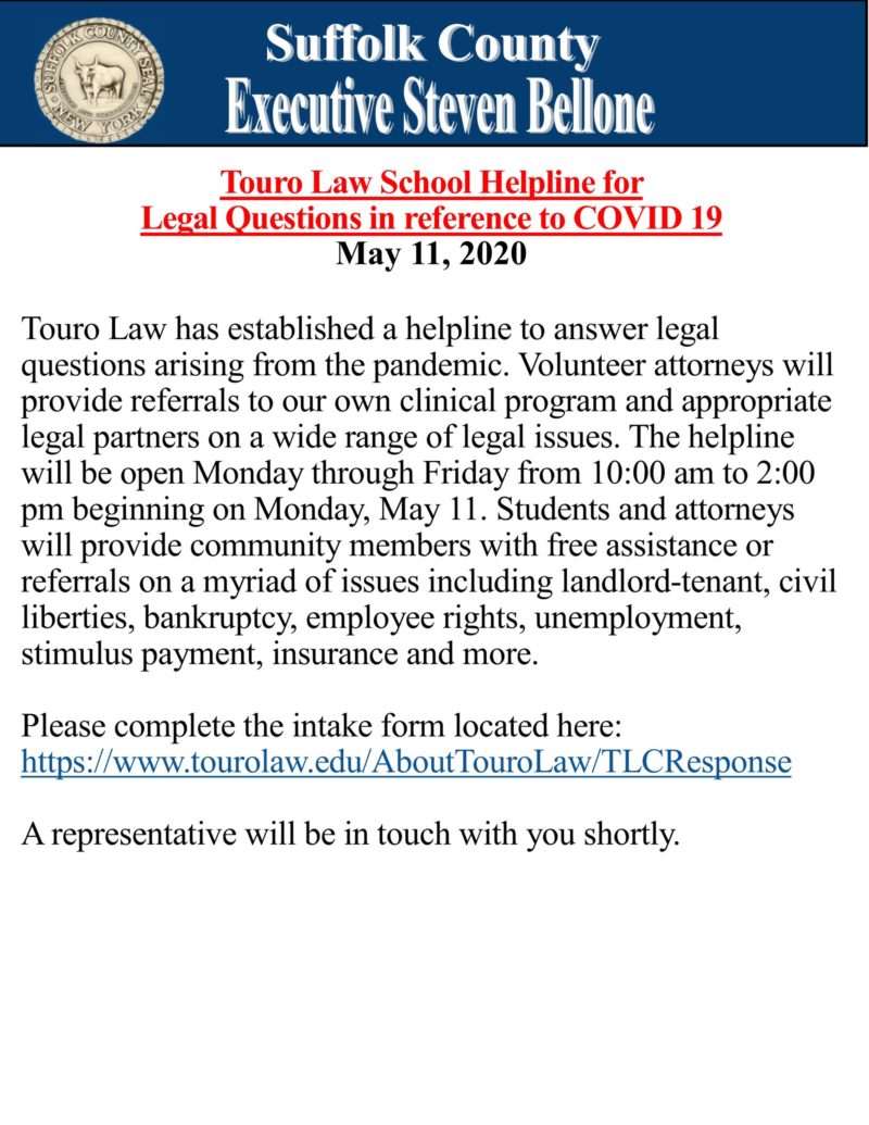 English - Touro Law School Helpline for Legal Questions in reference to COVID 19 5.11.2020